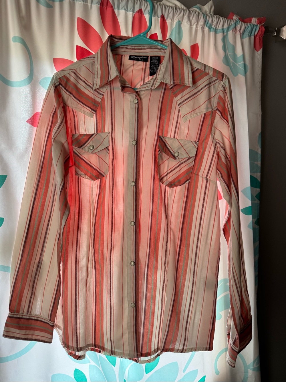 Striped Coral and Cream Button-Down Shirt - Western Pocket Detail